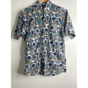 Anokhi x Kardo Mens Small White Blue Floral Short Sleeve Hawaiian Shirt Handmade